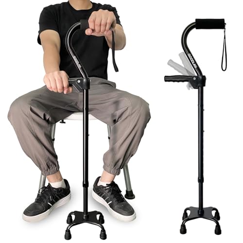 Quad Walking Cane Adjustable Stick Men & Women and Seniors - Lightweight & Sturdy with 4-Pronged Base for Extra Stability Balance,Self Standing Foam Padded Offset Handle for Soft Grip (black)